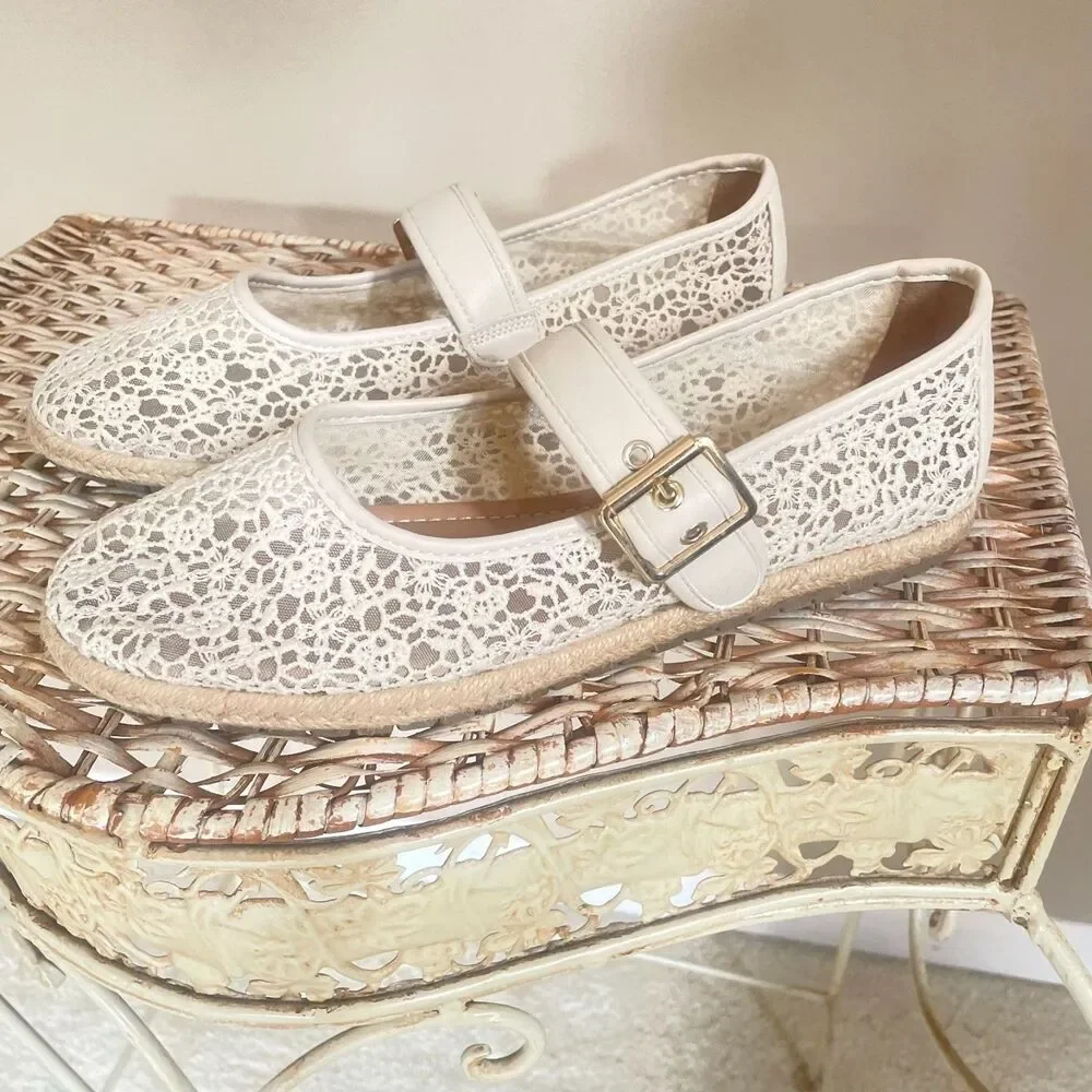 LC Lauren Conrad Beige Crochet Mary Jane Flats